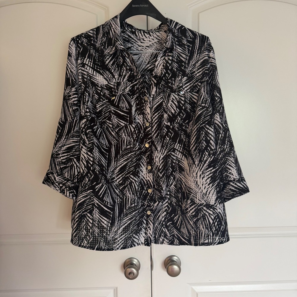 Notations Woman Black White Palm Print Button Down Shirt 3/4 Sleeve Blouse 2X